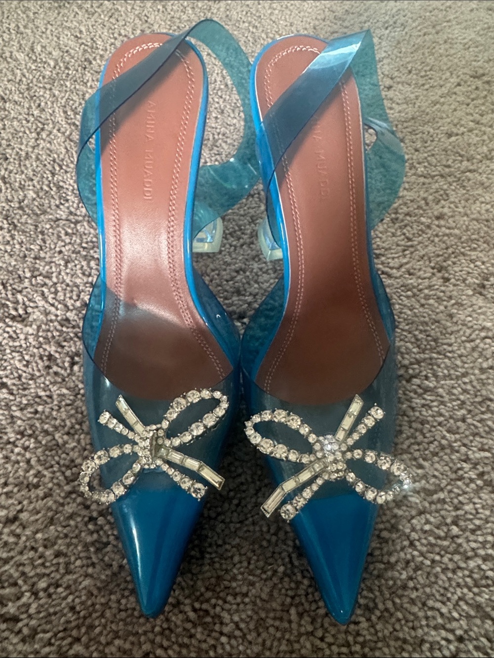 Amina Muaddi Rosie Blue PVC Crystal Bow Slingback Pumps Martini Heels Size 38